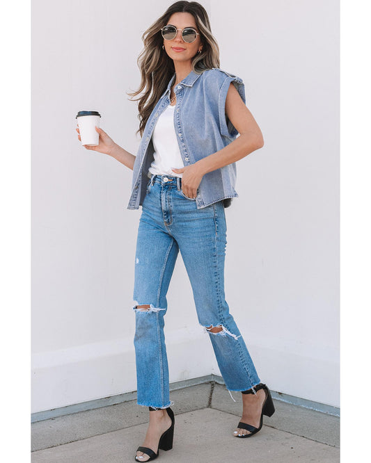 Dusk Blue Denim Pinup Folded Cap Sleeve Shirt