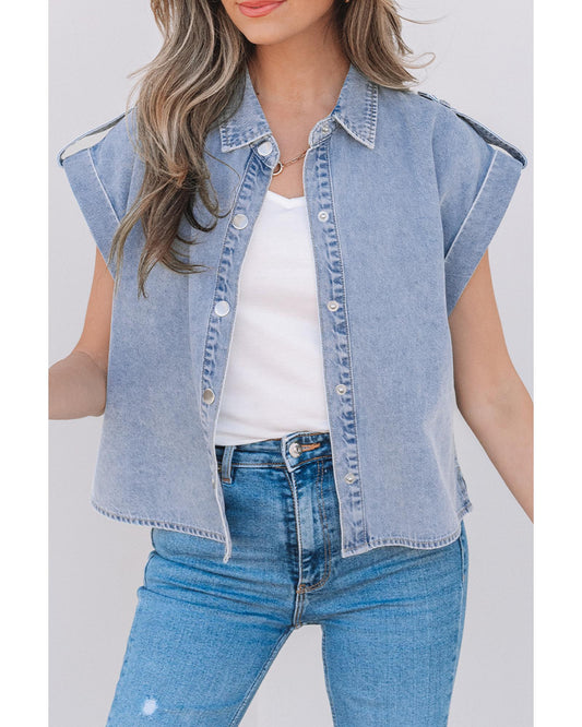 Dusk Blue Denim Pinup Folded Cap Sleeve Shirt
