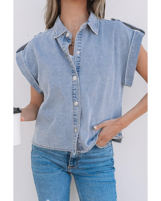Dusk Blue Denim Pinup Folded Cap Sleeve Shirt