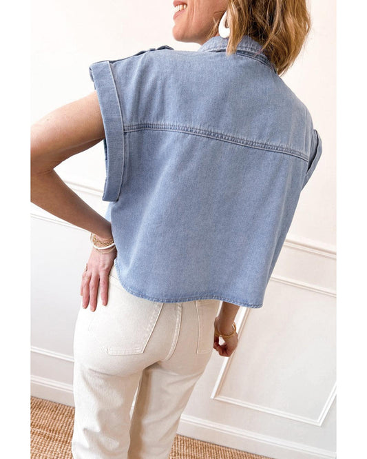 Dusk Blue Denim Pinup Folded Cap Sleeve Shirt