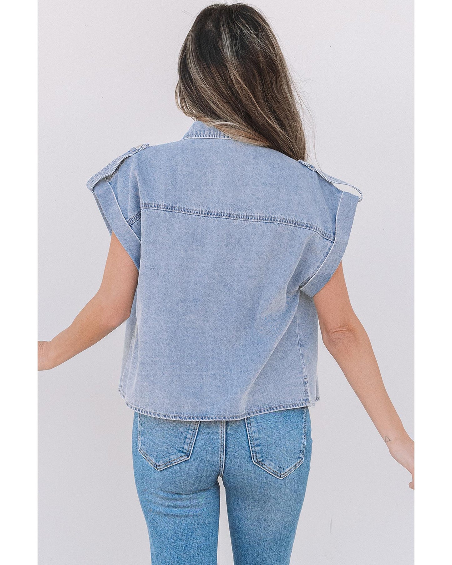 Dusk Blue Denim Pinup Folded Cap Sleeve Shirt