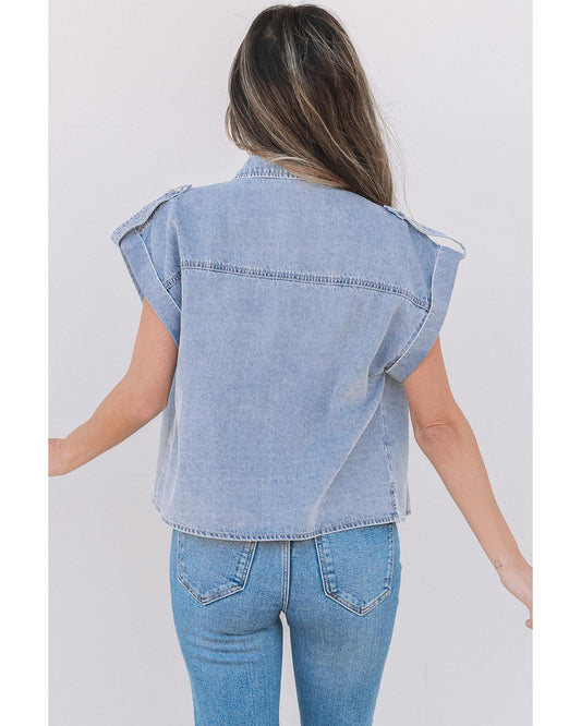 Dusk Blue Denim Pinup Folded Cap Sleeve Shirt