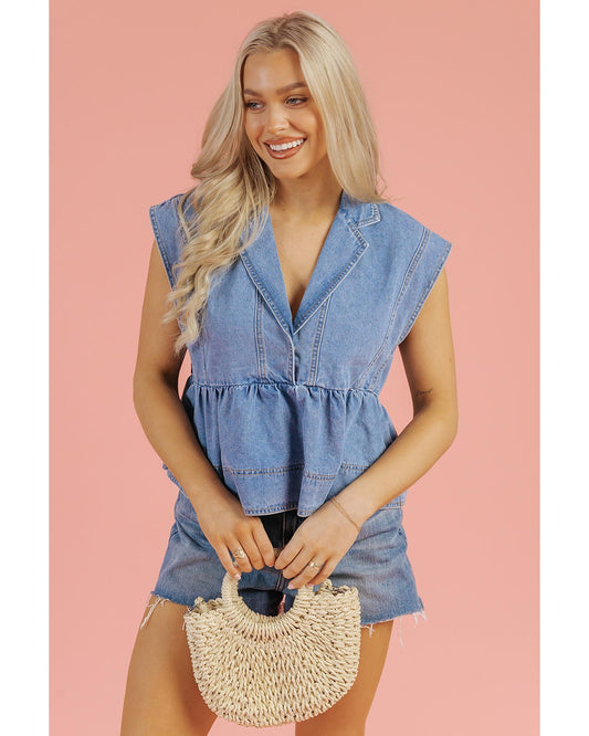 Dusk Blue Lapel Denim Babydoll Top