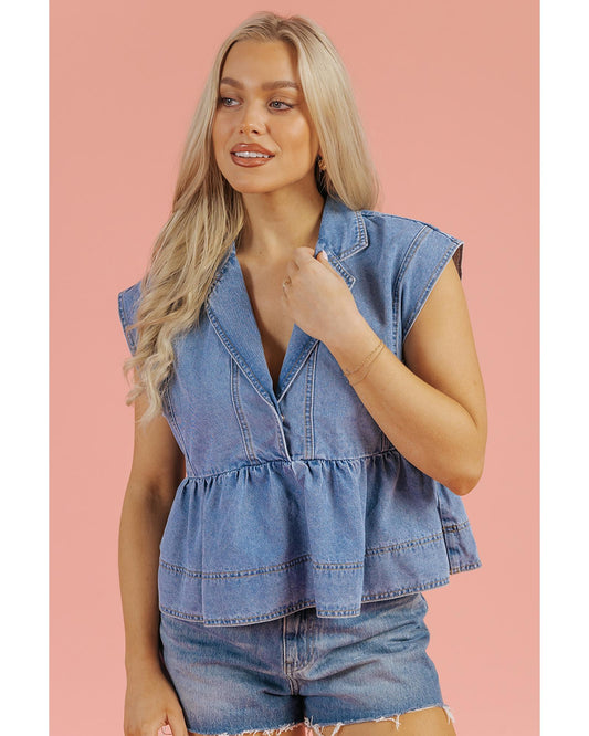 Dusk Blue Lapel Denim Babydoll Top