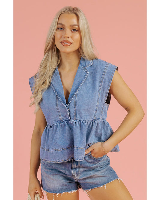 Dusk Blue Lapel Denim Babydoll Top
