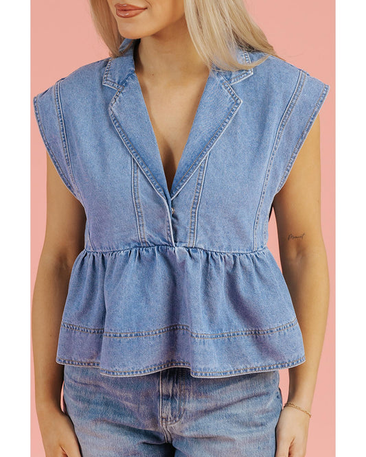 Dusk Blue Lapel Denim Babydoll Top