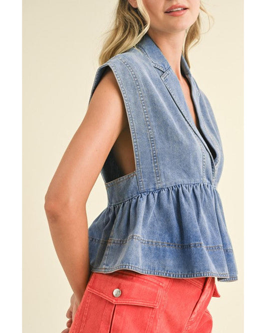 Dusk Blue Lapel Denim Babydoll Top