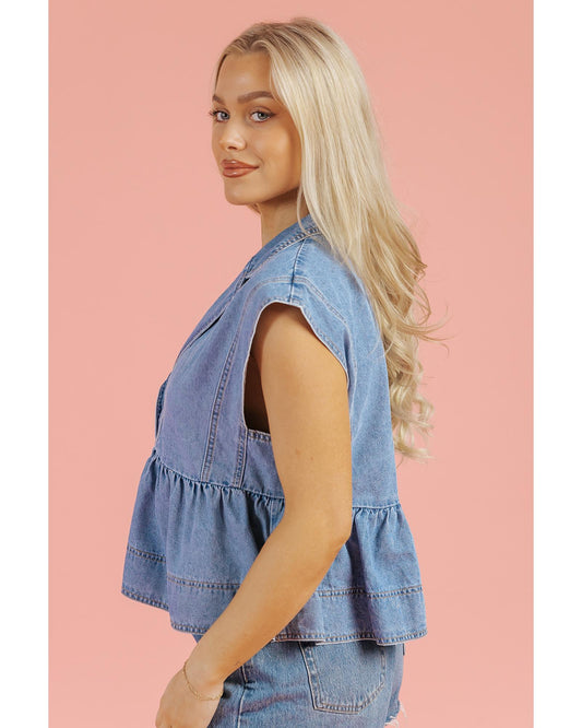 Dusk Blue Lapel Denim Babydoll Top