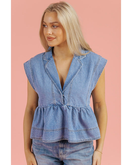 Dusk Blue Lapel Denim Babydoll Top