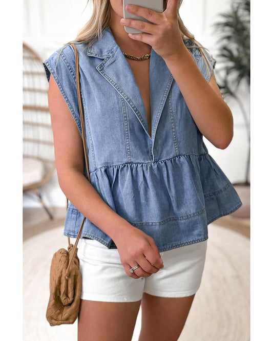 Dusk Blue Lapel Denim Babydoll Top