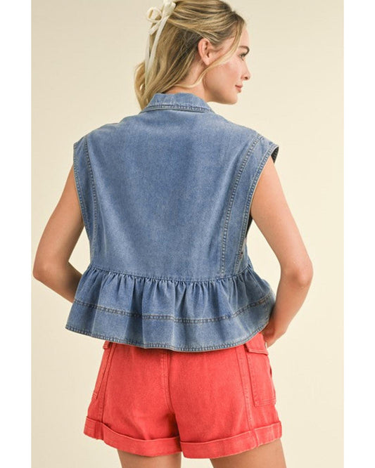 Dusk Blue Lapel Denim Babydoll Top