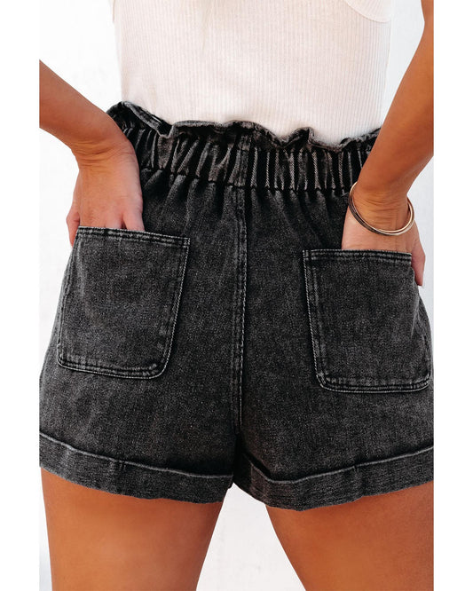 Vintage Washed Frilled High Waist Denim Shorts