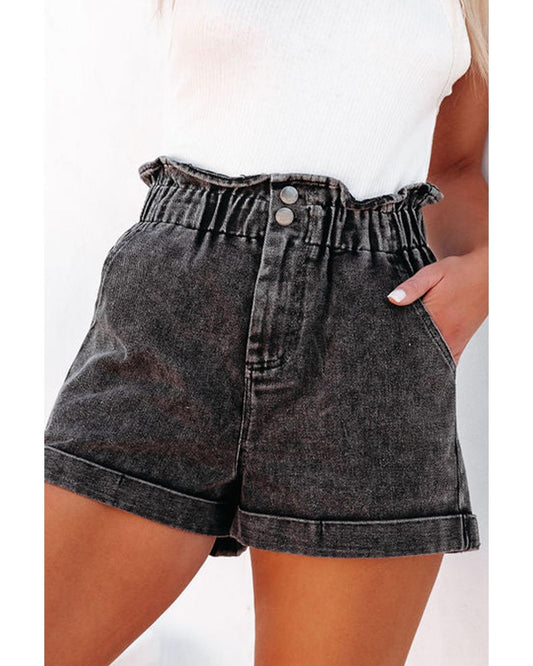 Vintage Washed Frilled High Waist Denim Shorts
