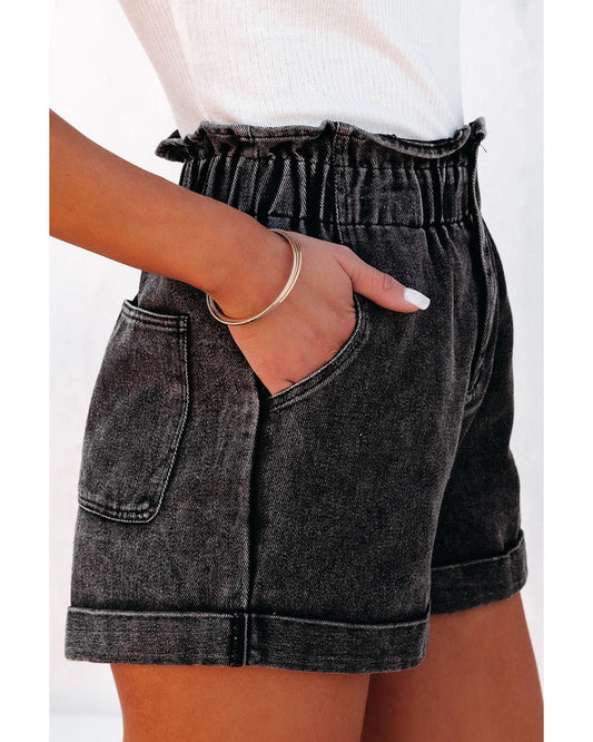 Vintage Washed Frilled High Waist Denim Shorts