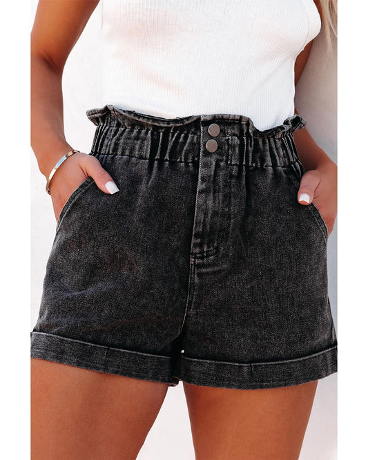 Vintage Washed Frilled High Waist Denim Shorts