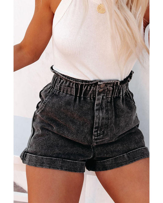 Vintage Washed Frilled High Waist Denim Shorts