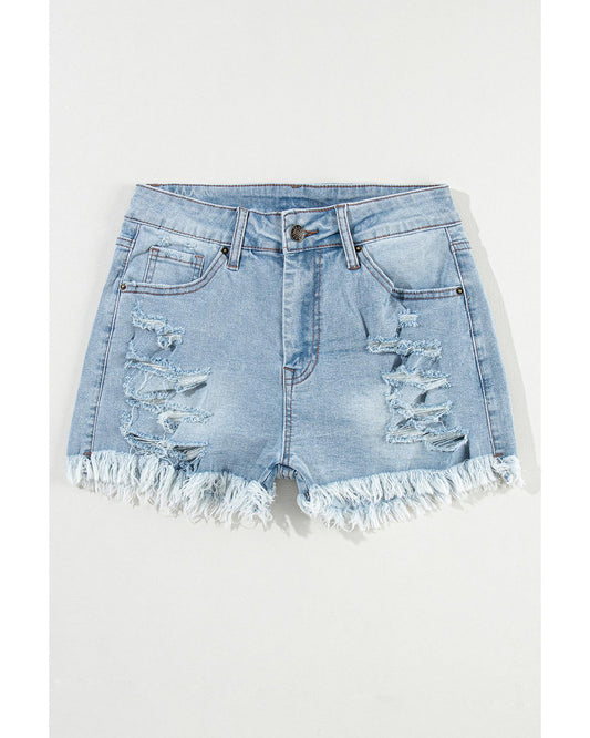 Light Blue Distressed Raw Hem  Denim Shorts
