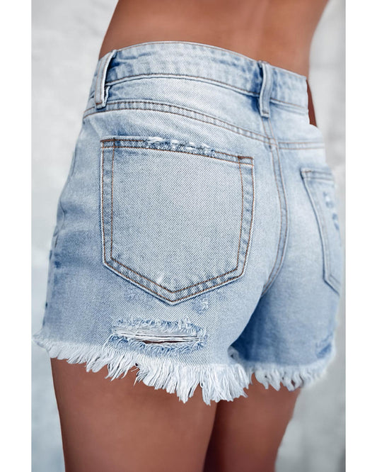 Light Blue Distressed Raw Hem  Denim Shorts