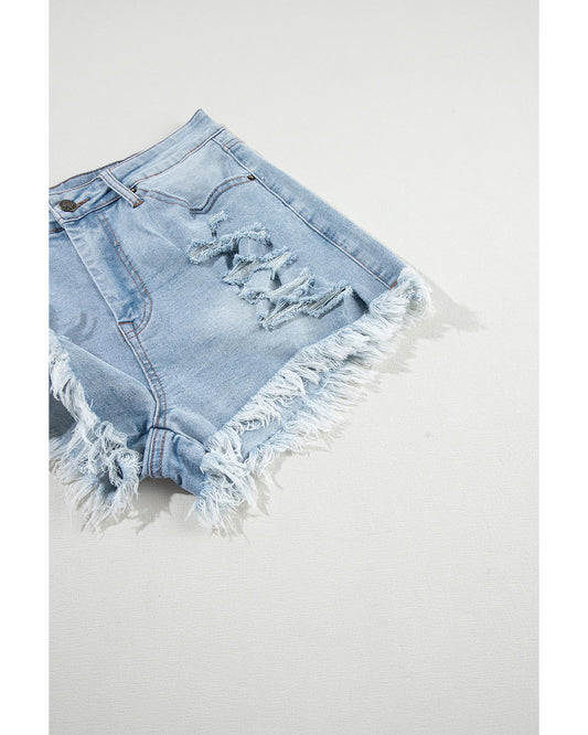 Light Blue Distressed Raw Hem  Denim Shorts