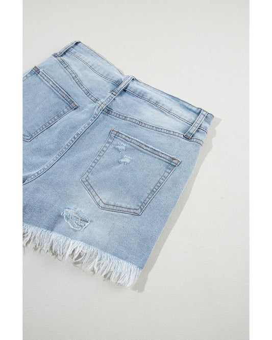 Light Blue Distressed Raw Hem  Denim Shorts