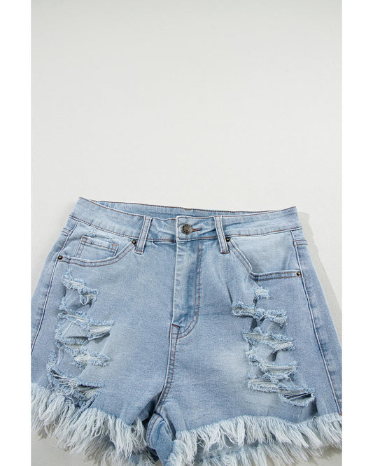 Light Blue Distressed Raw Hem  Denim Shorts