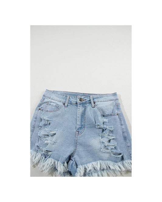 Light Blue Distressed Raw Hem  Denim Shorts