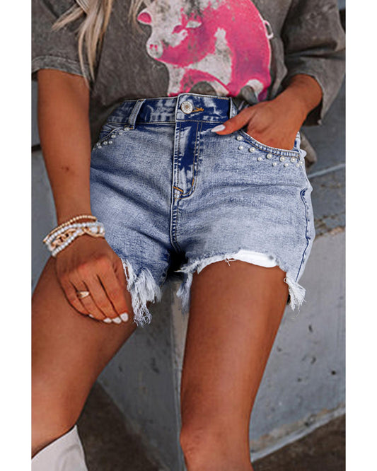 Beau Blue Pearl Studded Pockets Denim Shorts