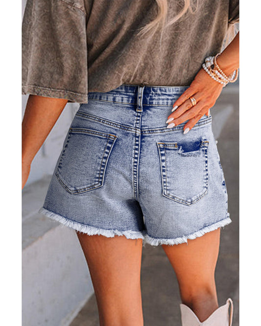 Beau Blue Pearl Studded Pockets Denim Shorts