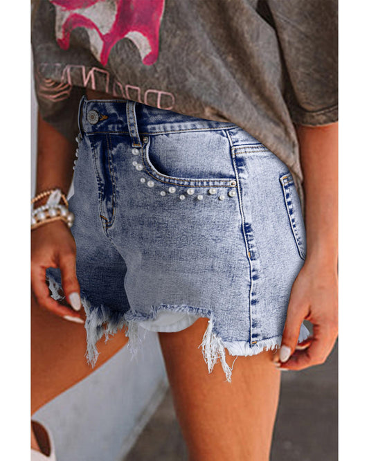 Beau Blue Pearl Studded Pockets Denim Shorts