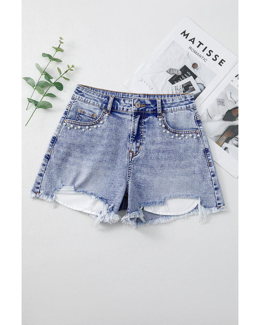 Beau Blue Pearl Studded Pockets Denim Shorts