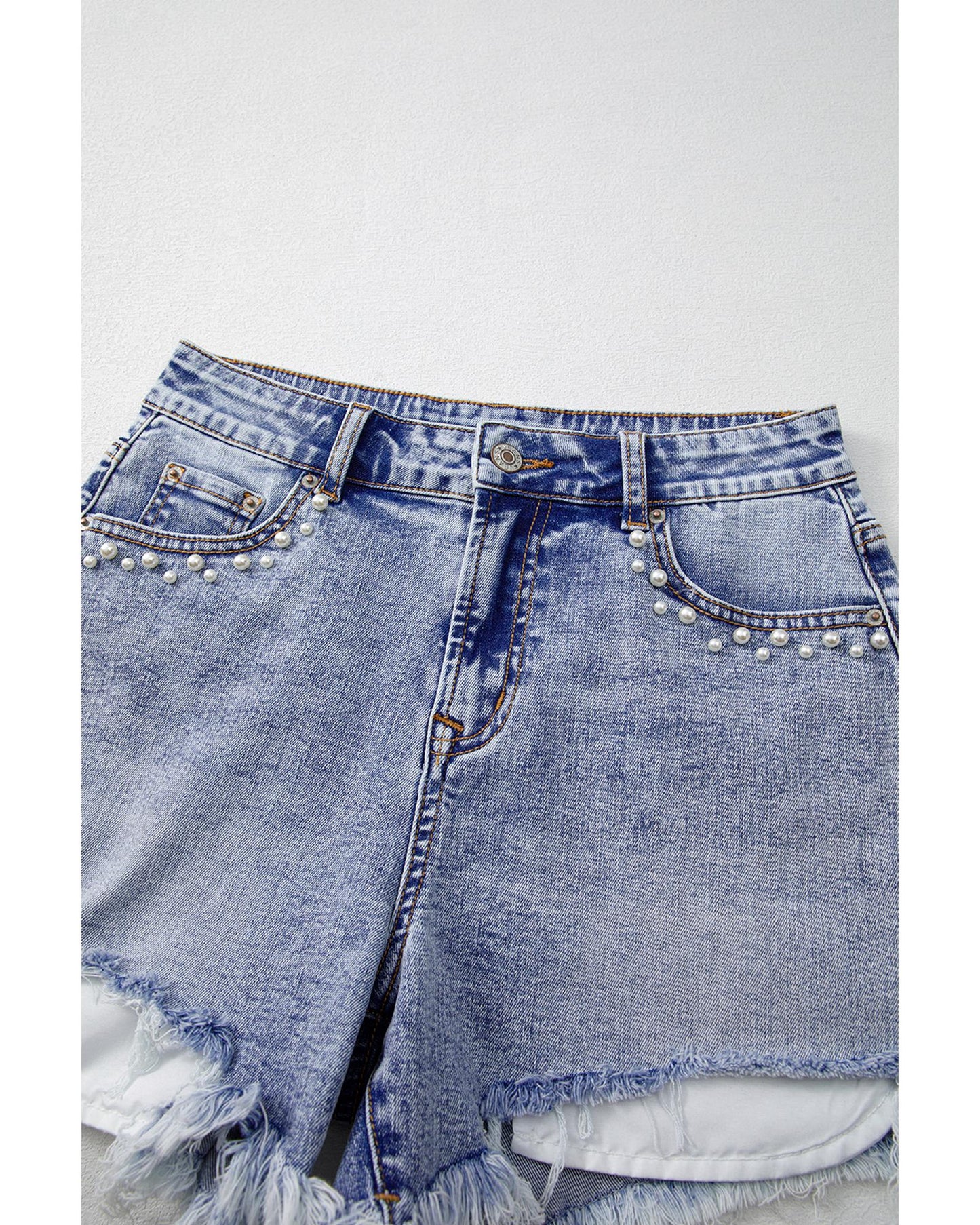 Beau Blue Pearl Studded Pockets Denim Shorts