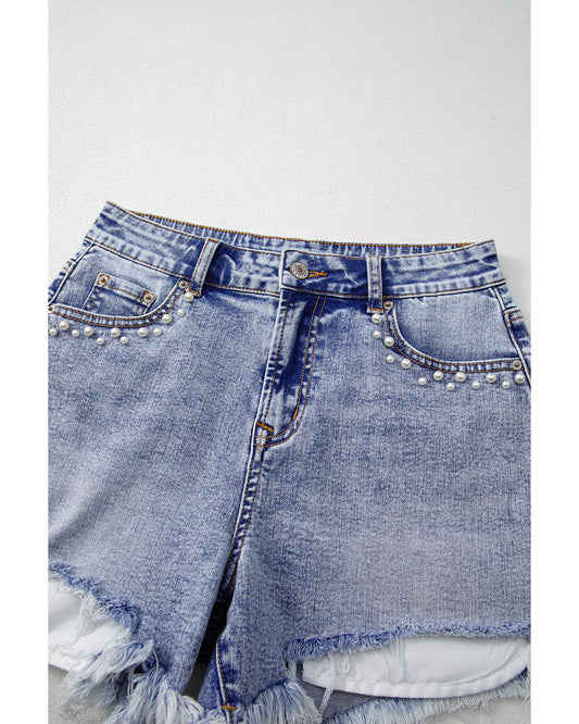 Beau Blue Pearl Studded Pockets Denim Shorts