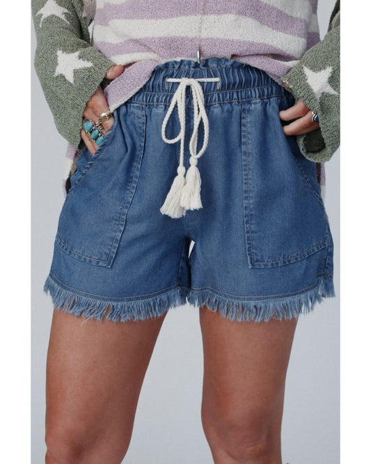 Raw Hem Drawstring High Waist Denim Shorts with Pockets