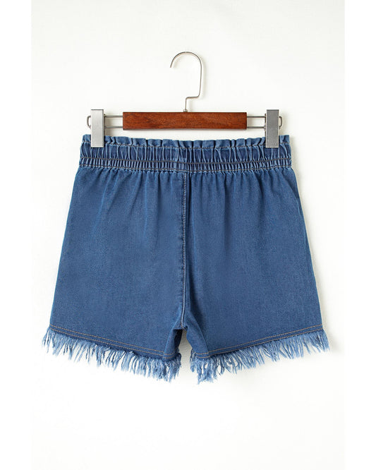 Raw Hem Drawstring High Waist Denim Shorts with Pockets