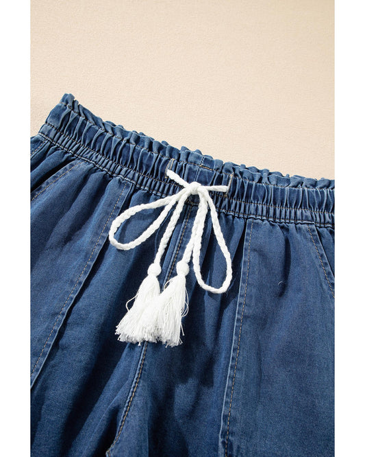 Raw Hem Drawstring High Waist Denim Shorts with Pockets