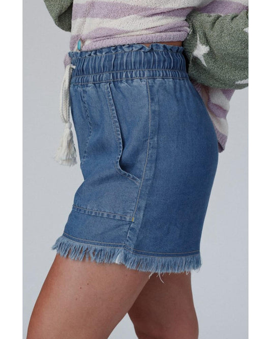 Raw Hem Drawstring High Waist Denim Shorts with Pockets