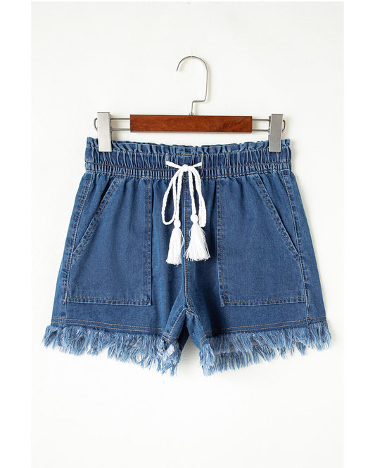 Raw Hem Drawstring High Waist Denim Shorts with Pockets