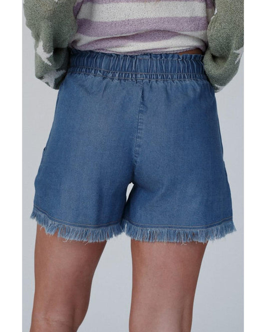 Raw Hem Drawstring High Waist Denim Shorts with Pockets