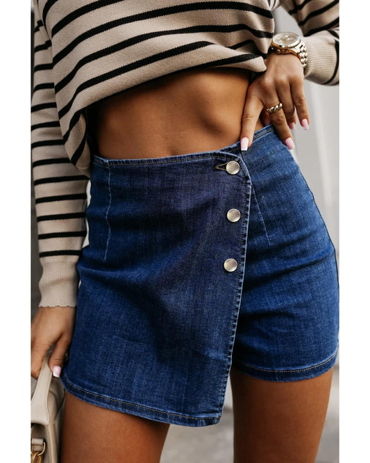 Asymmetric Wrapped Buttoned High Waist Denim Shorts