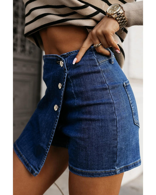 Asymmetric Wrapped Buttoned High Waist Denim Shorts