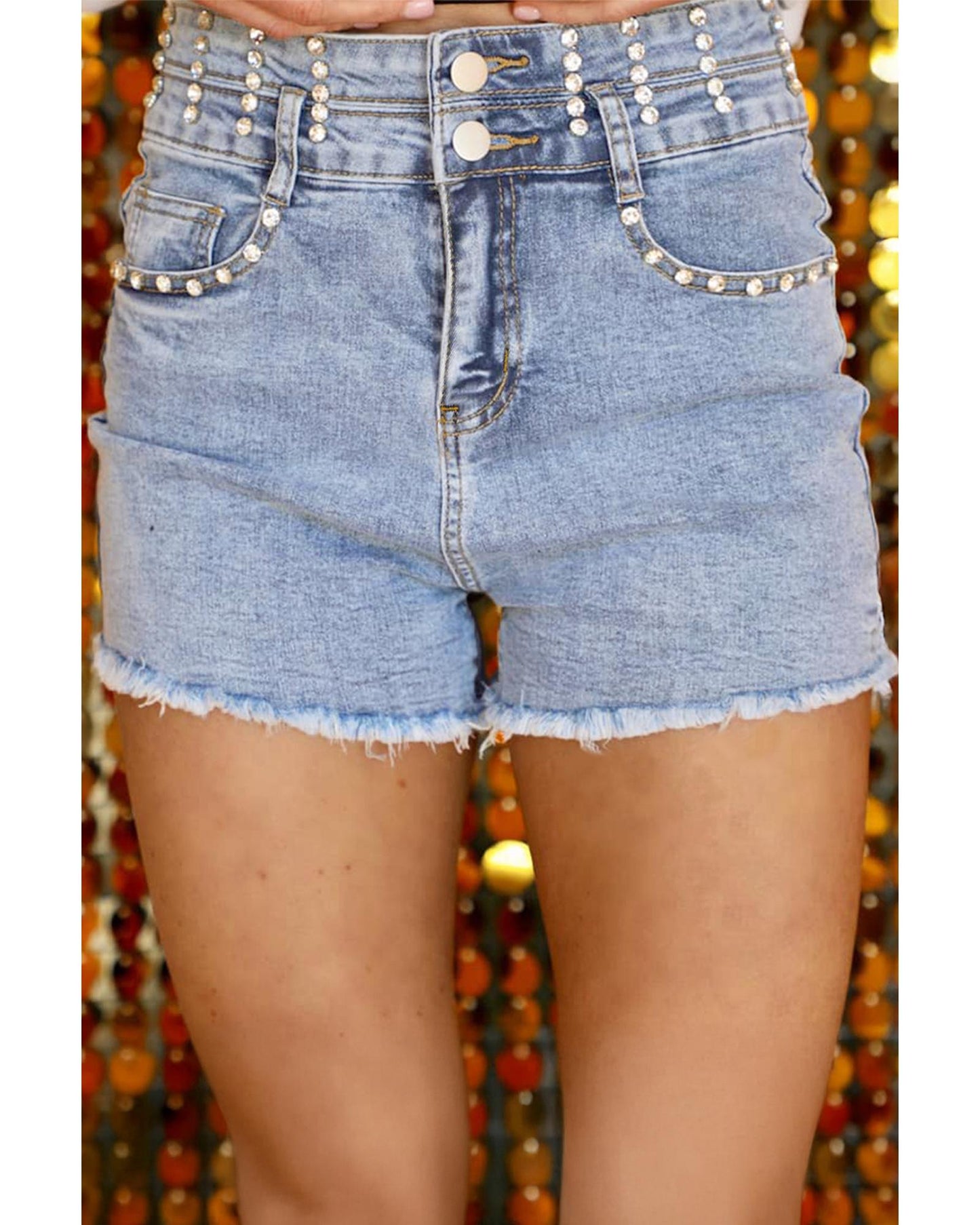 Beau Blue Rhinestone Light Wash Denim Shorts