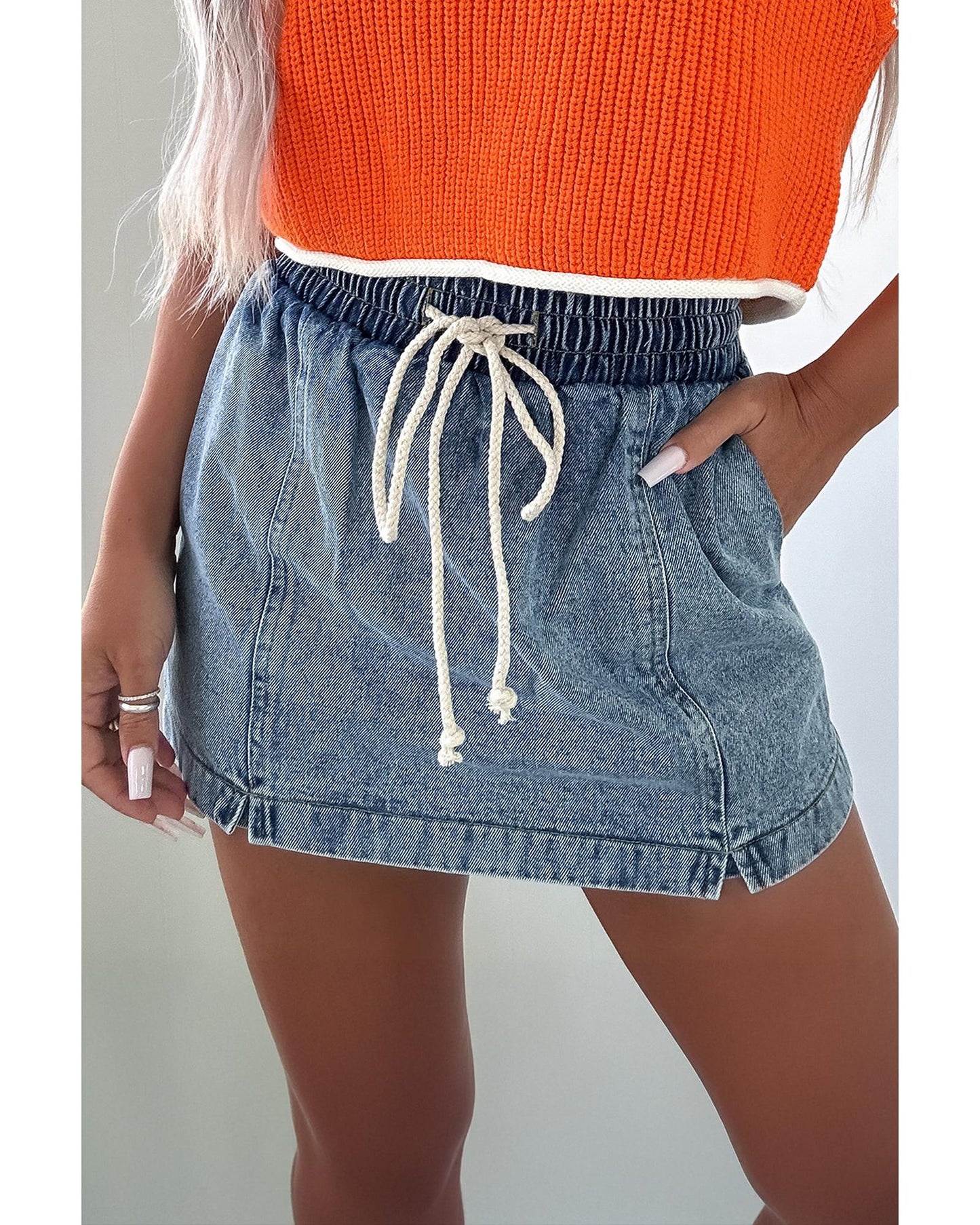 Drawstring High Waist Pocketed Denim Shorts-Skirt