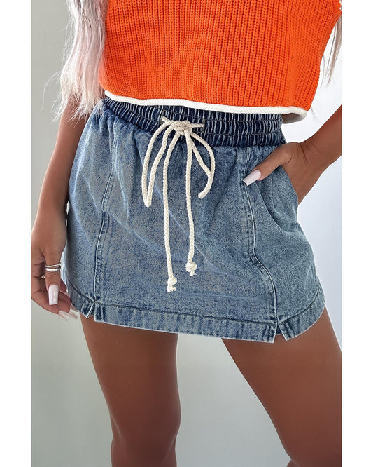 Drawstring High Waist Pocketed Denim Shorts-Skirt