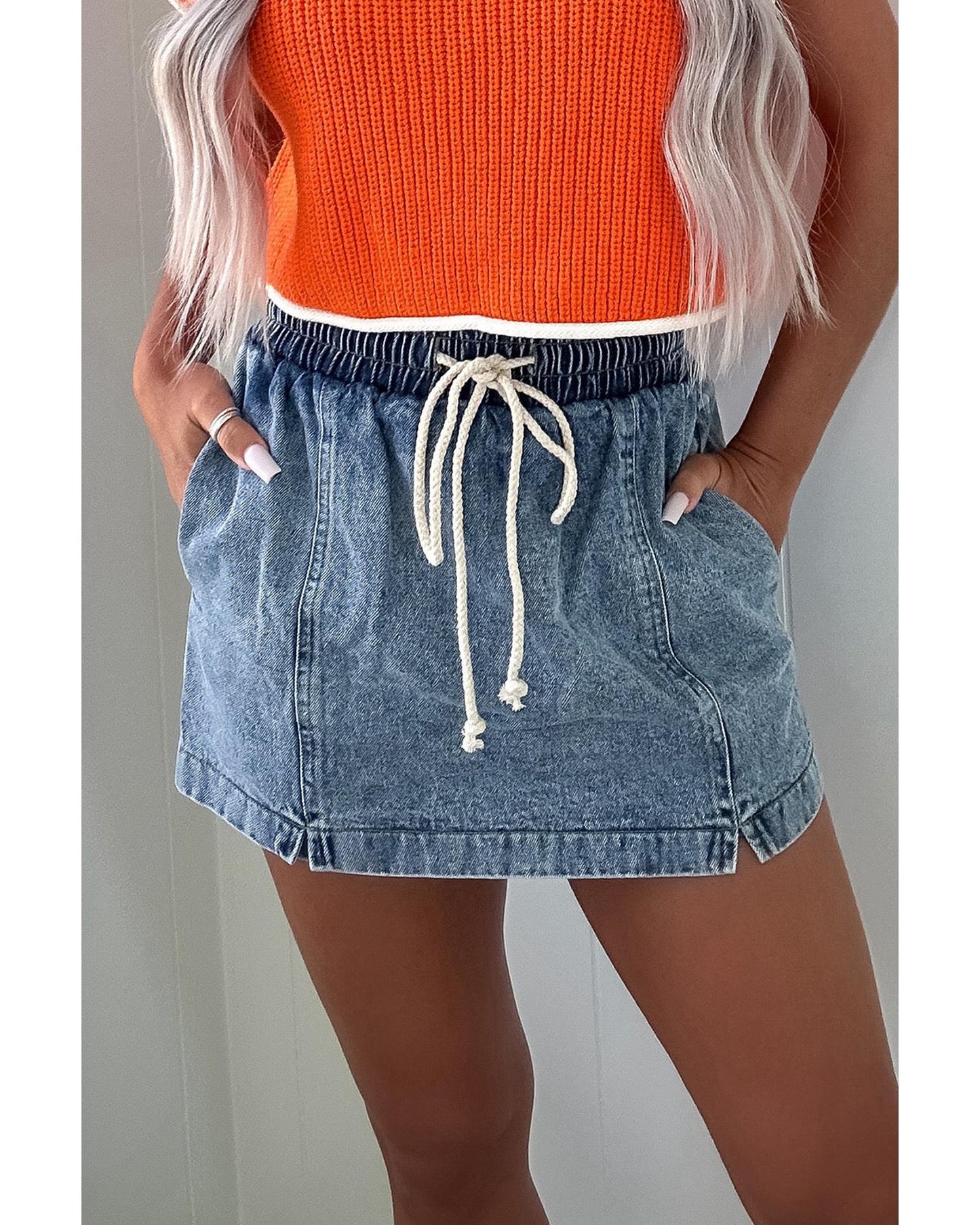Drawstring High Waist Pocketed Denim Shorts-Skirt