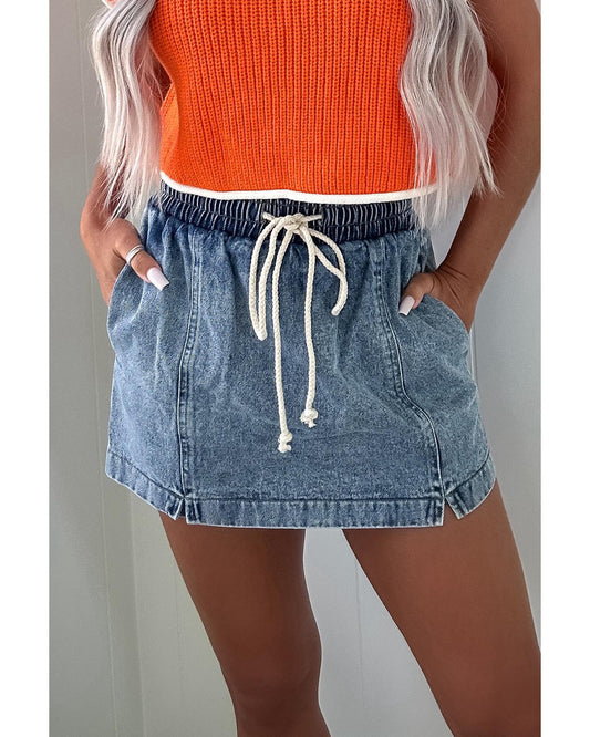 Drawstring High Waist Pocketed Denim Shorts-Skirt