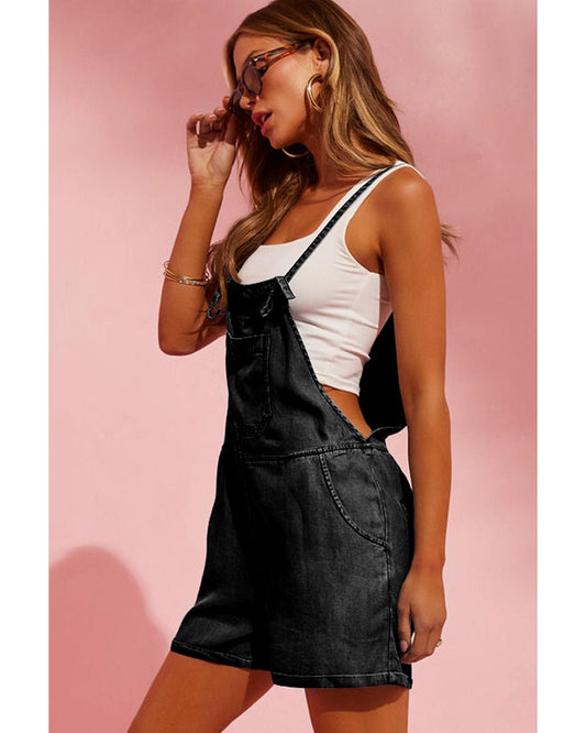 Black Grommet Tie Straps Casual Denim Romper - L