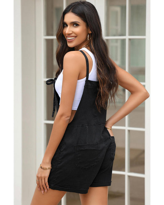 Black Grommet Tie Straps Casual Denim Romper - L