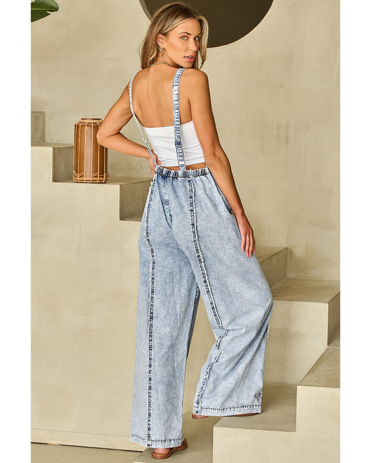 Beau Blue Light Wash Frayed Exposed Seam Wide Leg Denim Jumpsuit