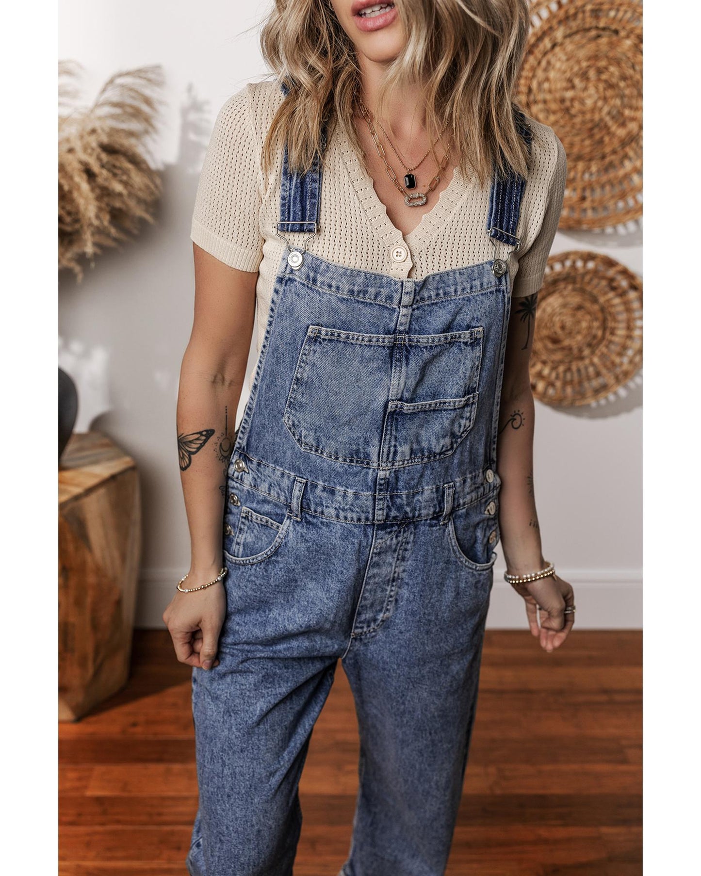 Sail Blue Denim Bib Straight Leg Jumpsuit with Pockets