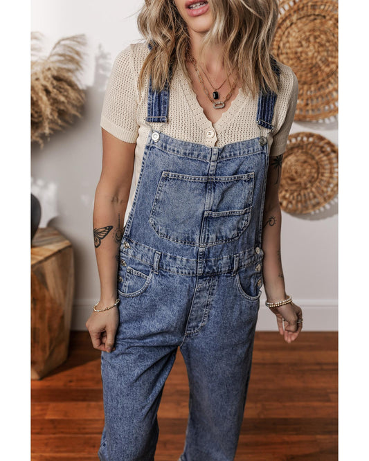 Sail Blue Denim Bib Straight Leg Jumpsuit with Pockets